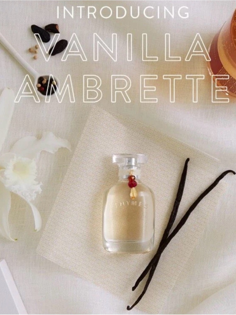 Thymes Vanilla Ambrette Perfume Bottle - Neutral Glass with Gold Accent NWOB